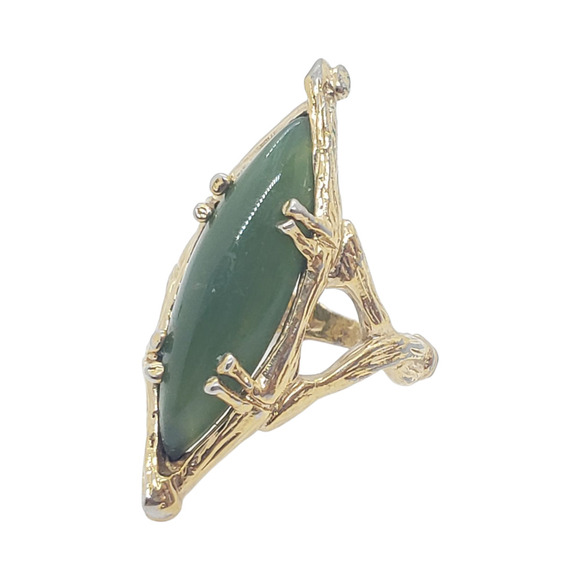 Vintage 1970s Nephrite Jade Marquise Ring Gold Plate Bamboo Branch sz 6.75 - Picture 10 of 13